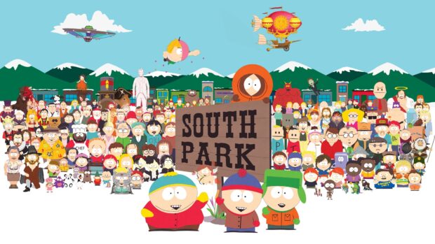 Kenny holding a South Park sign among many characters from South Park