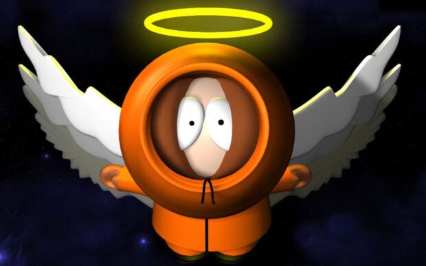 Kenny South Park character with angel wings and a halo in space background