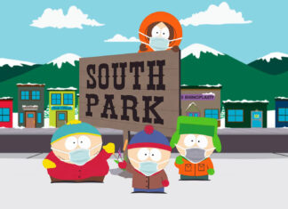 Kenny wearing a mask holding a sign with South Park characters in winter