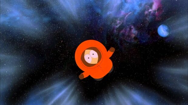 Kenny from South Park floating in space with stars and a blue planet visible