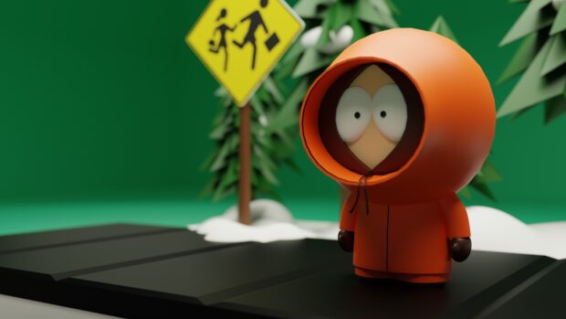 Kenny from South Park wearing an orange hoodie standing near a pedestrian crossing sign in a snowy setting