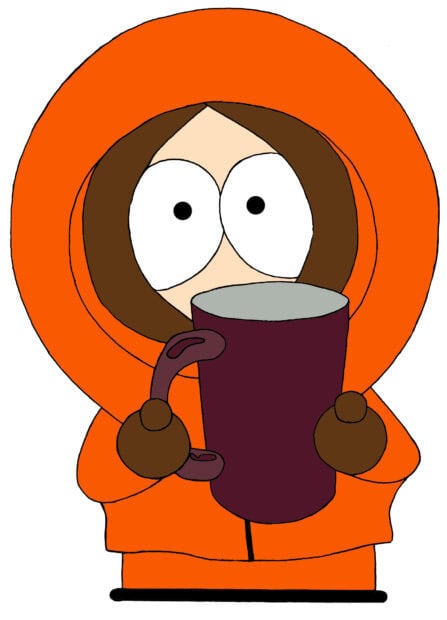 Kenny holding a large mug wearing an orange hooded jacket from South Park