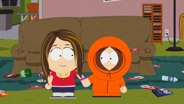 Kenny holding hands with a character in a red top in a South Park living room scene