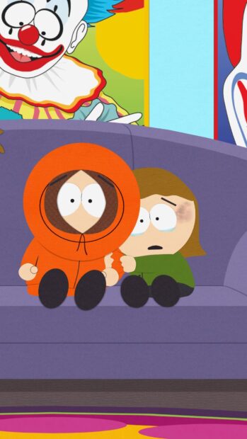 Kenny from South Park sitting on a couch with a worried friend in a colorful room