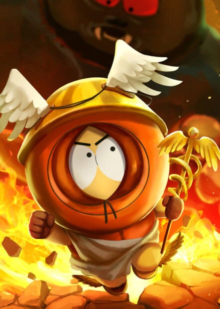 Kenny South Park character dressed as a winged messenger running through fiery background