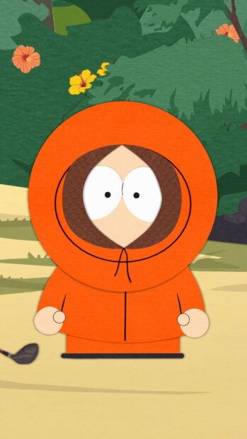 Kenny South Park character in an orange hoodie standing outdoors on a bright day