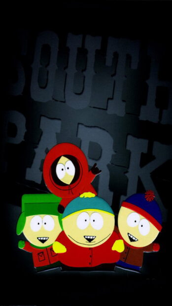 Kenny South Park characters with Kenny wearing a red hoodie in the center of the group