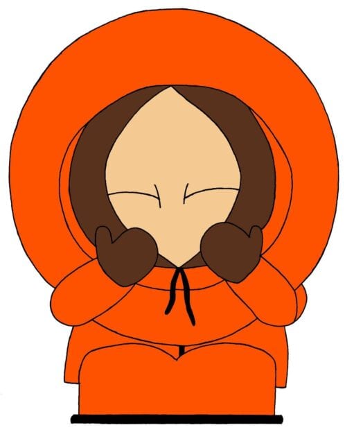 Kenny from South Park in an orange parka covering his face with his hands