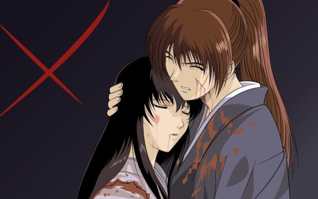 Kenshin character comforting a wounded woman with long black hair in an emotional scene