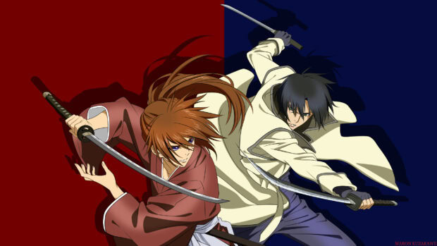 Kenshin and another character wielding swords ready for battle in an anime scene