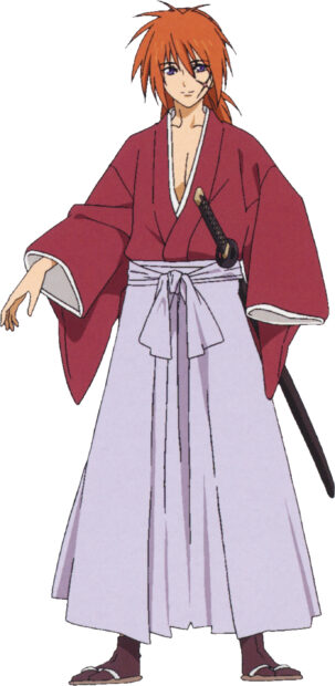 Kenshin character standing in traditional Japanese clothing with a sword on his waist