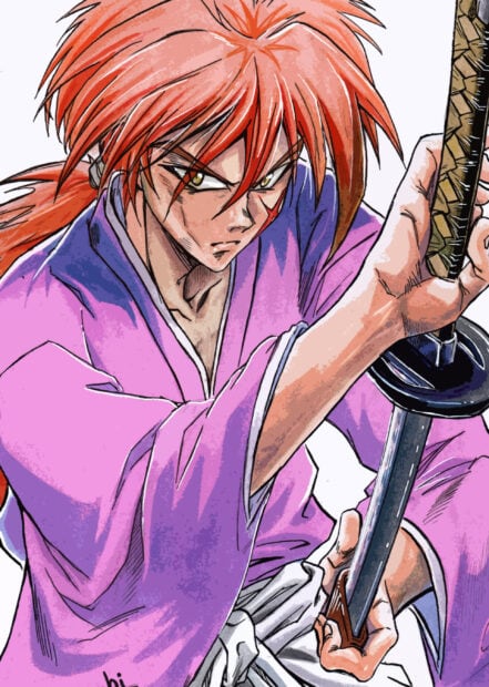 Kenshin with red hair in purple clothing holding a sword ready for battle
