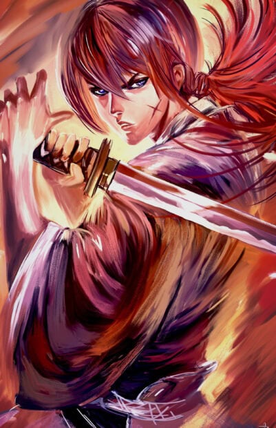 Fierce Kenshin holding a katana with a scar on his face in intense battle stance