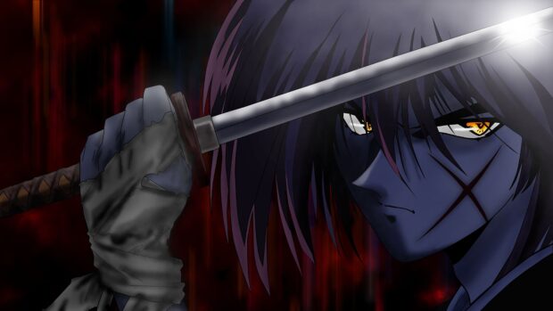 Kenshin holding a sword with intense eyes and a scar on his face in dark atmosphere