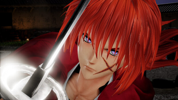 Kenshin with red hair holding a sword and a scar on his face in a dark setting