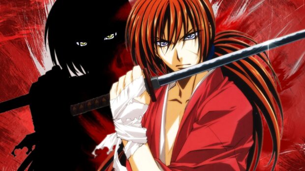 Kenshin holding a sword with intense eyes in a red outfit featuring the Kenshin character