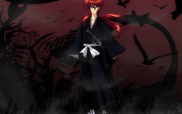 Kenshin standing with red hair and traditional black outfit in a dark mystical scene