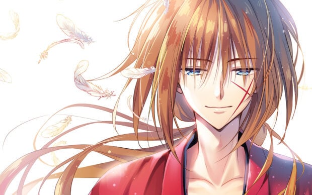 Kenshin with flowing hair and scar on his face surrounded by floating feathers