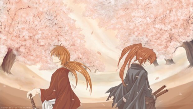Two Kenshin characters standing back to back under cherry blossom trees in a peaceful scene
