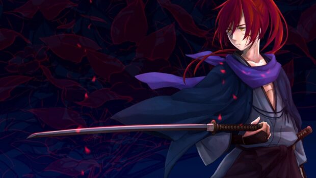 A determined Kenshin holding a katana sword with red hair and a purple scarf in a dark floral background