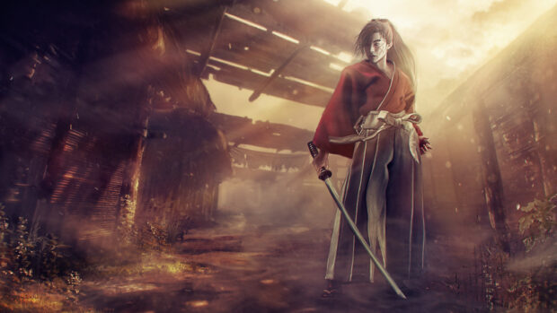 A determined Kenshin standing with a sword in a misty village setting