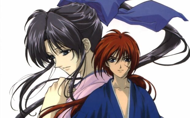Kenshin and Kaoru from Kenshin in an emotional scene with detailed anime style