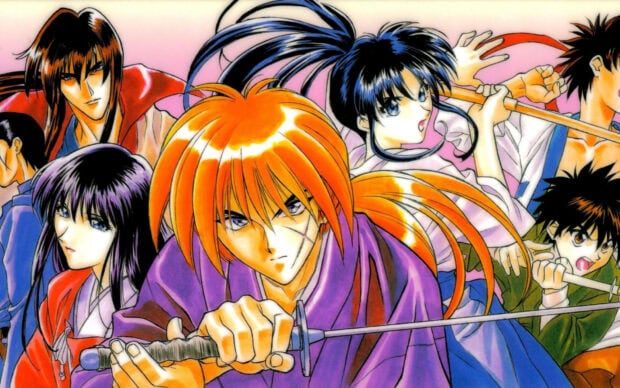 Kenshin character holding a sword ready for battle with allies in the background