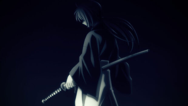 Kenshin is holding a sword while wearing traditional clothing in a dark background