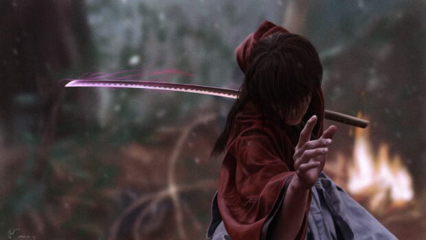 Kenshin character preparing to strike with sword in a forest setting