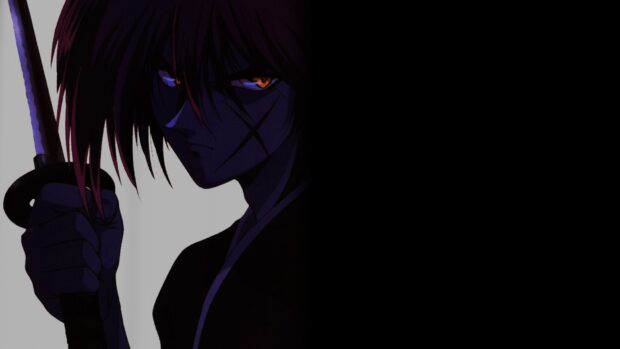 Kenshin holding a sword with intense eyes in a dark shadowed scene