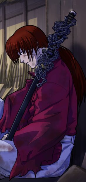 Kenshin sitting with a sword wrapped in chains in a dark setting