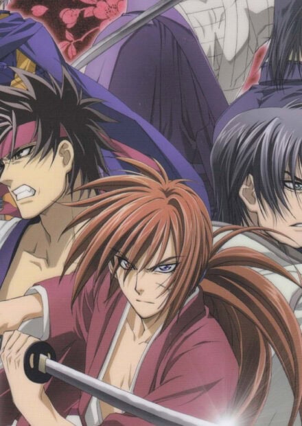 Kenshin character ready for battle with sword in an intense anime scene