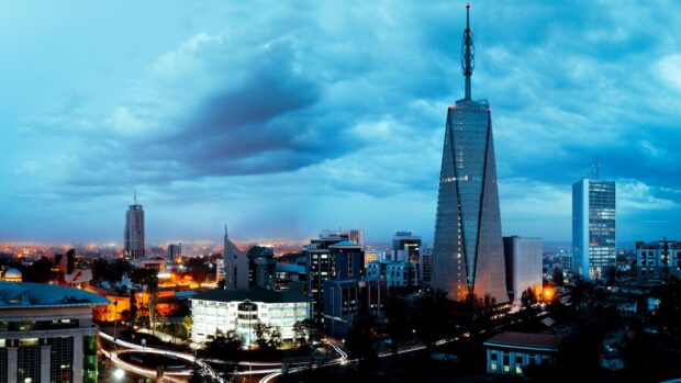 Modern architecture in Kenya cityscape with tall buildings at dusk