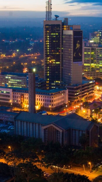 Nairobi cityscape at night featuring Kenya skyline and tall buildings