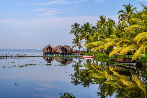 Traditional Kerala houseboats on calm water with palm trees reflecting in the lake