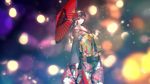 A girl wearing a colorful kimono holding a traditional umbrella in a dreamy setting