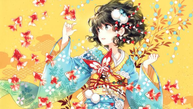 A girl wearing a colorful kimono with floral and butterfly patterns surrounded by floating goldfish on a yellow background