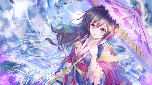 A beautiful anime girl wearing a kimono holding a decorated umbrella in a vibrant rainy scene