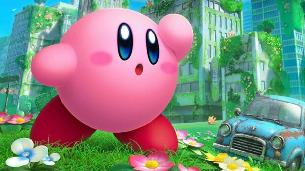 Kirby And The Forgotten Land character exploring an overgrown city with flowers and a rusty car