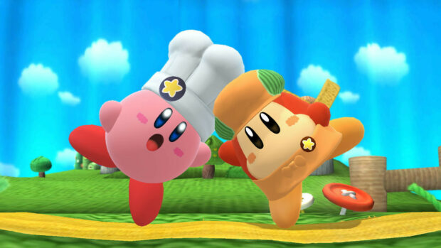 Kirby and Waddle Dee characters from Kirby And The Forgotten Land in a vibrant green landscape