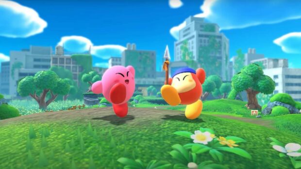 Kirby and Waddle Dee characters playing joyfully on a grassy hill in a vibrant cityscape