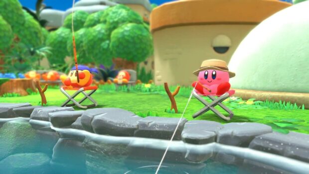 Kirby and Waddle Dee fishing by the pond in Forgotten Land scene