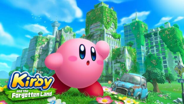 Kirby character exploring the forgotten land with overgrown buildings and vibrant nature around