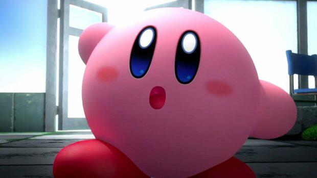 Kirby character from Kirby And The Forgotten Land game looking surprised indoors