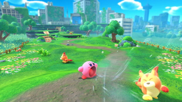 Kirby character running in a vibrant forgotten land surrounded by small creatures and greenery