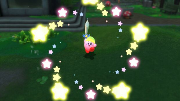 Kirby holding a sword surrounded by glowing stars in the Forgotten Land