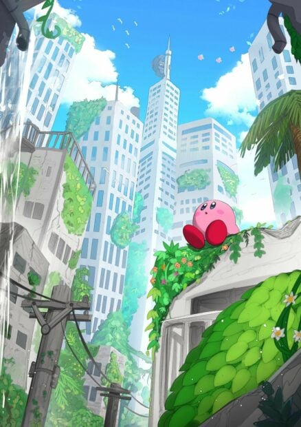Kirby sitting on greenery in a futuristic city overgrown with plants
