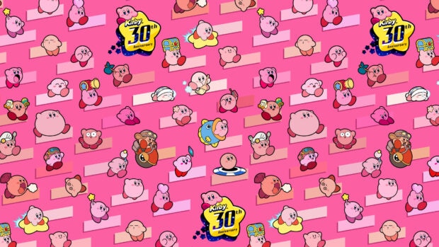Multiple Kirby characters celebrating the 30th anniversary on a vibrant pink pattern background