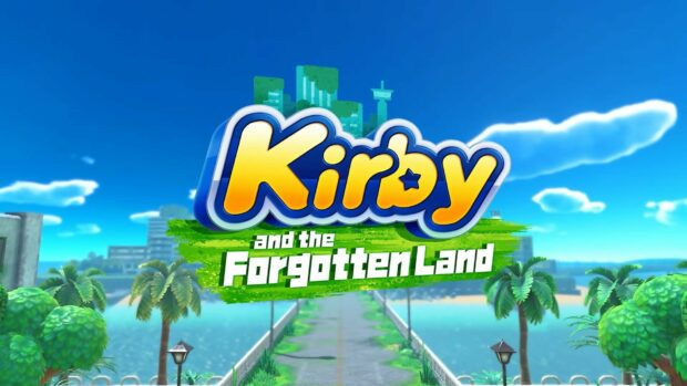 The Kirby And The Forgotten Land logo over a tropical island road scene