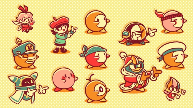 Various characters from Kirby And The Forgotten Land in cute cartoon style on a yellow polka dot background